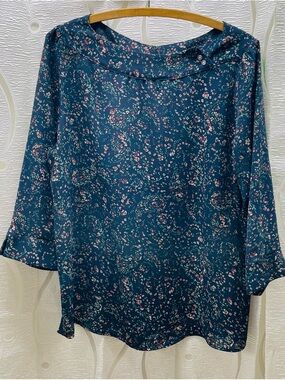 Reitmans Teal Floral Boatneck Blouse with Pink Accents
